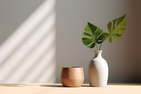 Modern white vase with green plant and a wooden plate on stone counter table with space in sunlight, leaf shadow on beige stucco cement wall for interior design decoration. 3d rendering. Created with generative AIの素材
