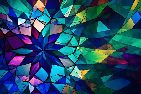 An intricate abstract background featuring interlocking geometric shapes in vibrant hues of blue, green, and purple, forming a mesmerizing kaleidoscope pattern that radiates energy and movement. Created with generative AIの素材