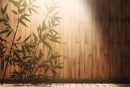 Soft and beautiful foliage dappled sunlight of tropical bamboo tree leaf shadow on brown wooden panel wall, clean mockup template. 3d rendering. Created with generative AIの素材