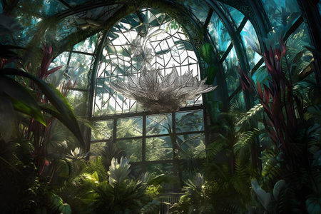 An otherworldly composition featuring a surreal combination of tropical foliage and intricate glass structures, creating an enchanting and dreamlike setting that blurs the boundaries between nature and human design. Created with generative AIの素材