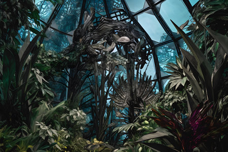 An otherworldly composition featuring a surreal combination of tropical foliage and intricate glass structures, creating an enchanting and dreamlike setting that blurs the boundaries between nature and human design. Created with generative AIの素材