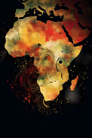 Conceptual illustration with african themes and motifs. Can be used as a background image for Africa related designs. Created with generative AIの素材