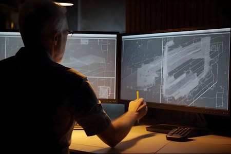 A CAD designer creating detailed technical drawings for architectural or engineering projects. Created with generative AIの素材