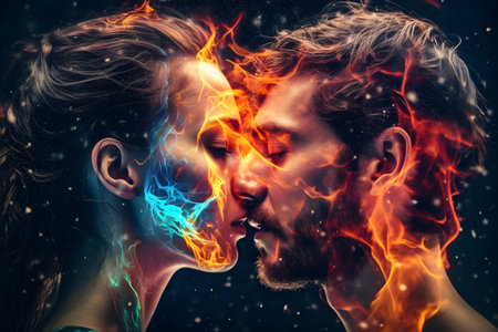 Beautiful couple made from fire, embracing. Burning love theme conceptual illustration. Created with generative AIの素材