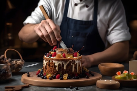 A baker experimenting with flavors and ingredients, creating unique and innovative pastries and desserts. Created with generative AIの素材