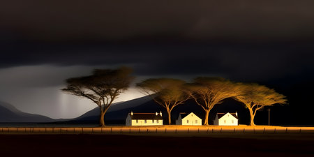 Beautiful countryside landscape in a dramatic lighting scenario. Photo realistic wallpaper. Created with generative AIの素材