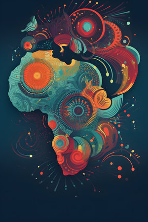 Conceptual illustration with african themes and motifs. Can be used as a background image for Africa related designs. Created with generative AIの素材