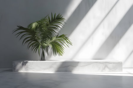 Modern minimal empty white marble stone counter table top, in sunlight, palm foliage leaf shadow on concrete wall background. 3d rendering. Created with generative AIの素材