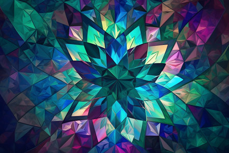An intricate abstract background featuring interlocking geometric shapes in vibrant hues of blue, green, and purple, forming a mesmerizing kaleidoscope pattern that radiates energy and movement. Created with generative AIの素材