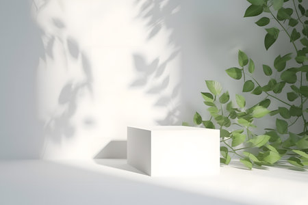 White podium backdrop mockup template, with natural green leaves plant twig, sunlight and foliages leaves shadow. 3d rendering. Created with generative AIの素材