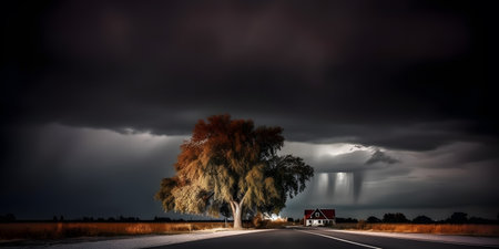Beautiful countryside landscape in a dramatic lighting scenario. Photo realistic wallpaper. Created with generative AIの素材