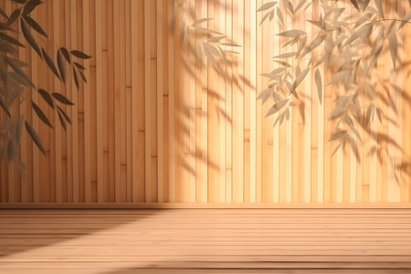 Soft and beautiful foliage dappled sunlight of tropical bamboo tree leaf shadow on brown wooden panel wall, clean mockup template. 3d rendering. Created with generative AIの素材