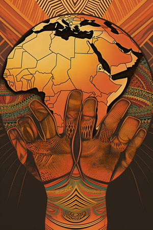 Conceptual illustration with african themes and motifs. Can be used as a background image for Africa related designs. Created with generative AIの素材