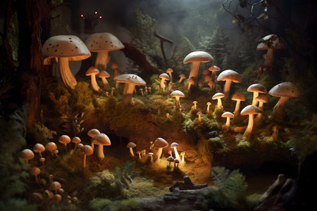 An otherworldly forest of glowing mushrooms, showing the intricate details and luminescence of the fungi. Created with generative AIの素材