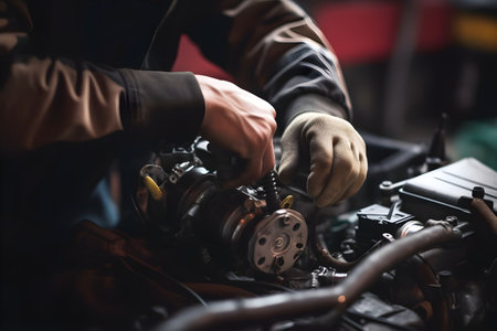A car mechanic repairing a vehicle's engine, using their expertise to fix mechanical issues. Created with generative AIの素材