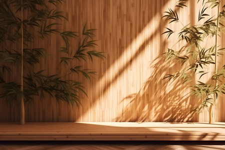 Soft and beautiful foliage dappled sunlight of tropical bamboo tree leaf shadow on brown wooden panel wall, clean mockup template. 3d rendering. Created with generative AIの素材