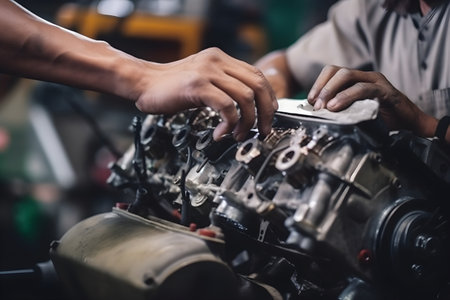 A car mechanic repairing a vehicle's engine, using their expertise to fix mechanical issues. Created with generative AIの素材