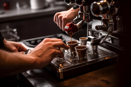 A barista expertly operating an espresso machine, extracting a perfect shot of espresso for a rich and flavorful coffee experience. Created with generative AIの素材