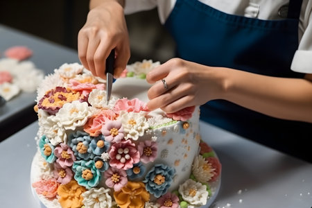 A baker skillfully decorating a cake with intricate piping and delicate sugar flowers, demonstrating the craftsmanship of pastry art. Created with generative AIの素材