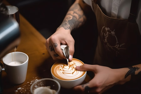 A barista crafting latte art with precision, creating intricate and beautiful designs on the surface of a freshly brewed coffee. Created with generative AIの素材