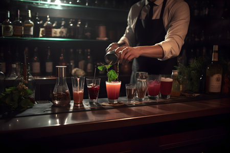 A bartender preparing a classic cocktail with flair, showcasing their mixology skills and attention to detail. Created with generative AIの素材