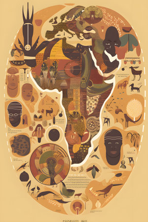 Conceptual illustration with african themes and motifs. Can be used as a background image for Africa related designs. Created with generative AIの素材