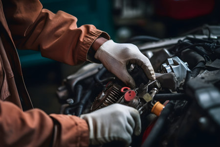 A car mechanic repairing a vehicle's engine, using their expertise to fix mechanical issues. Created with generative AIの素材