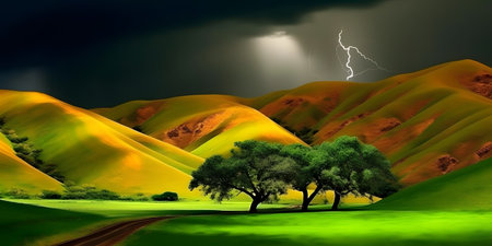 Beautiful countryside landscape in a dramatic lighting scenario. Photo realistic wallpaper. Created with generative AIの素材
