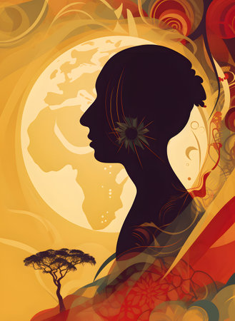 Conceptual illustration with african themes and motifs. Can be used as a background image for Africa related designs. Created with generative AIの素材
