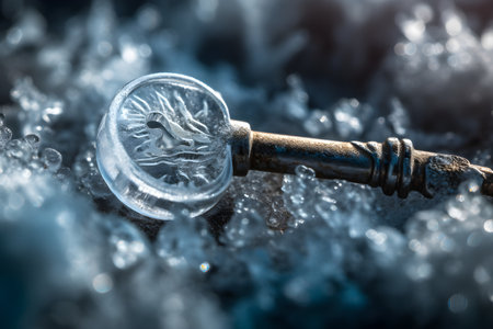 A frozen key starting to melt. Conceptual illustration - Created with generative AIの素材