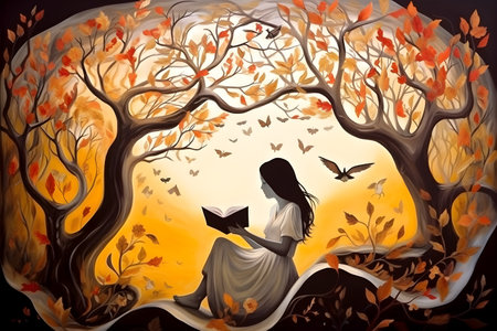 Happy young girl reading a book and imagining a fairy-tale world. Digital painting. Created with generative AIの素材