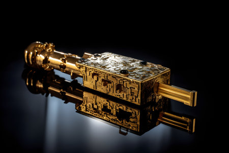 Interesting golden key isolated over a black background. Created with generative AIの素材