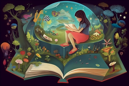 Happy young girl reading a book and imagining a fairy-tale world. Digital painting. Created with generative AIの素材