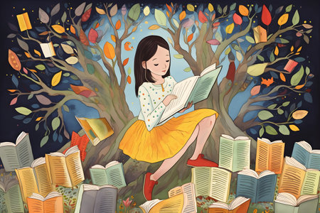Happy young girl reading a book and imagining a fairy-tale world. Digital painting. Created with generative AIの素材
