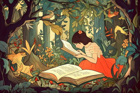 Happy young girl reading a book and imagining a fairy-tale world. Digital painting. Created with generative AIの素材