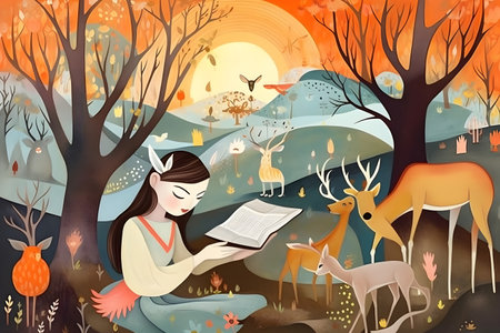 Happy young girl reading a book and imagining a fairy-tale world. Digital painting. Created with generative AIの素材