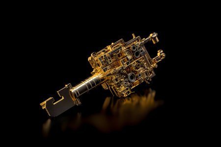 Interesting golden key isolated over a black background. Created with generative AIの素材