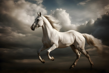 A beautiful white horse over a cloudy sky. Created with generative AIの素材
