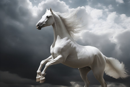 A beautiful white horse over a cloudy sky. Created with generative AIの素材