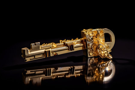 Interesting golden key isolated over a black background. Created with generative AIの素材