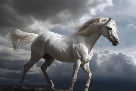 A beautiful white horse over a cloudy sky. Created with generative AIの素材
