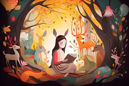Happy young girl reading a book and imagining a fairy-tale world. Digital painting. Created with generative AIの素材
