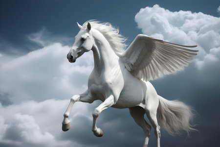 A white winged horse, flying in the clouds. Created with generative AIの素材