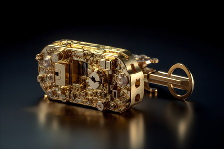 Interesting golden key isolated over a black background. Created with generative AIの素材