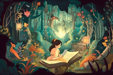 Happy young girl reading a book and imagining a fairy-tale world. Digital painting. Created with generative AIの素材