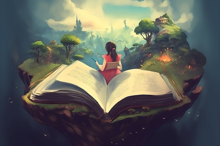 Happy young girl reading a book and imagining a fairy-tale world. Digital painting. Created with generative AIの素材