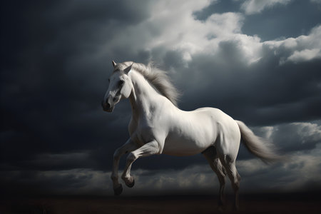 A beautiful white horse over a cloudy sky. Created with generative AIの素材