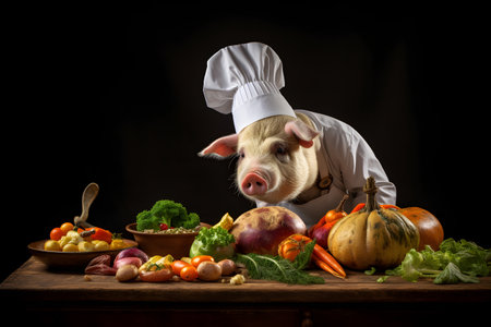 A pig dressed as a masterchef, presenting a plate of vegetables in a kitchen. Vegan or vegetarian conceptual illustration. Created with generative AIの素材