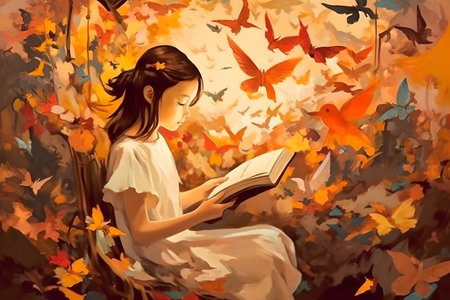 Happy young girl reading a book and imagining a fairy-tale world. Digital painting. Created with generative AIの素材