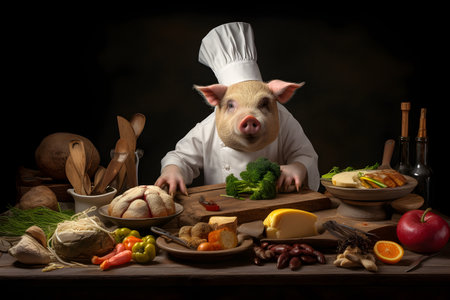 A pig dressed as a masterchef, presenting a plate of vegetables in a kitchen. Vegan or vegetarian conceptual illustration. Created with generative AIの素材